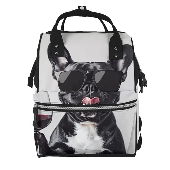 Ratiio Cool French Bulldog Wine Mummy Backpack - Waterproof Twill Canvas, Large Capacity Diaper Bag with Multiple Pockets and Adjustable Straps