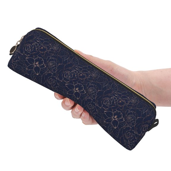 Ratiio Copper-Gold Gloss Outline Navy Dark Blue Pattern Leather Pencil Case, Pencil Pouch with Durable Zipper, Compact and Stylish Organizer for Stationery, Art Supplies, Travel Essentials