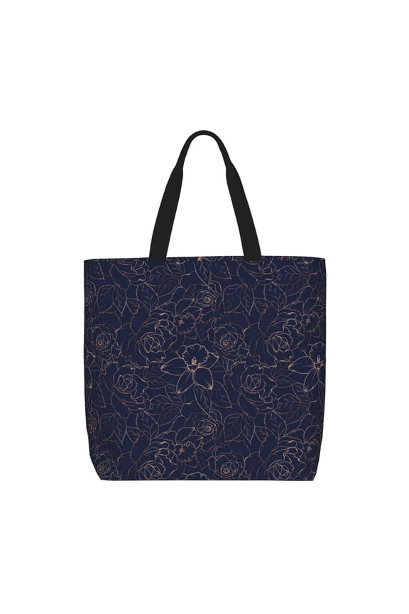 Copper-Gold Gloss Outline Navy Dark Blue Print Reusable Grocery Bag Shopping Bags with Zipper Shoulder Shopping Handle Bag Suitable for Outdoor Convenient Daily Bag