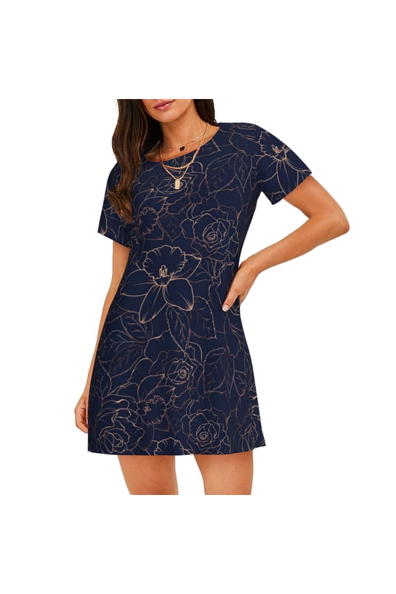 Copper-Gold Gloss Outline Navy Dark Blue Print Women's Short-sleeved Nightdress - Casual A-line Sleeveless Sleepwear Dress for Summer, Comfortable and Breathable