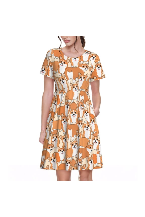 Corgi Animal Print Women's Short Sleeve Dress - Casual A-Line Dress with Side Pockets, Elastic Waist, Comfortable and Breathable Summer Dress