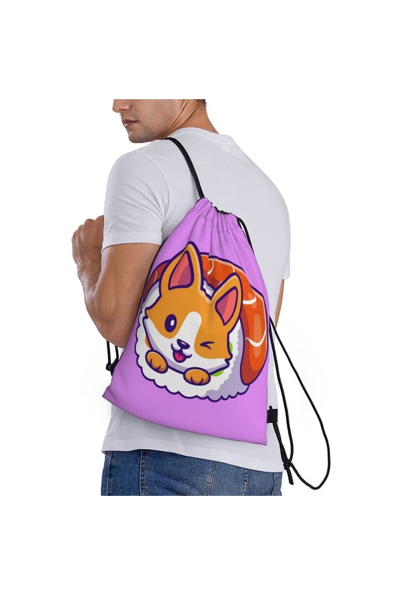 Corgi In Sushi Roll Print Drawstring Backpack Bag Sport Gym Sackpack Heavy Duty String Backpack for Men Women