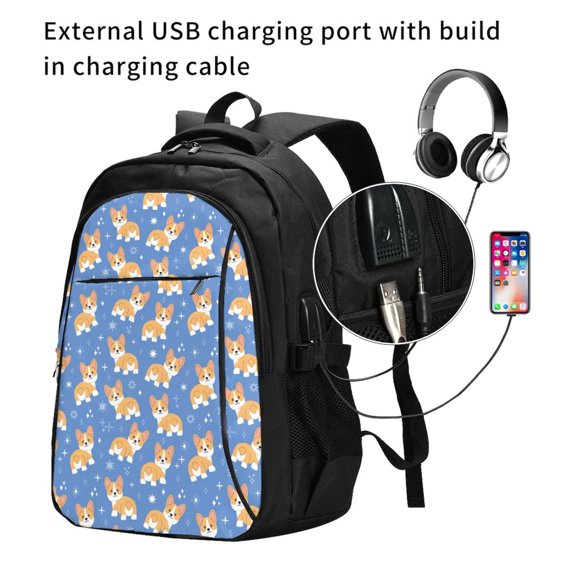 Ratiio Corgi Print Travel Laptop Backpack,Slim Sturdy Laptops Backpack with USB Charging Port, Water Resistant College School Computer Bag