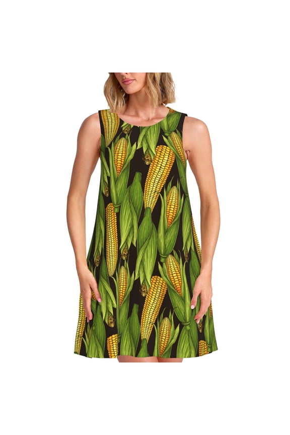 Corn 2 Pattern Women's Sleeveless Dress - Casual Summer Dress with Pockets, Above Knee Length, Round Neck, Ideal for Beach, Vacation, Work