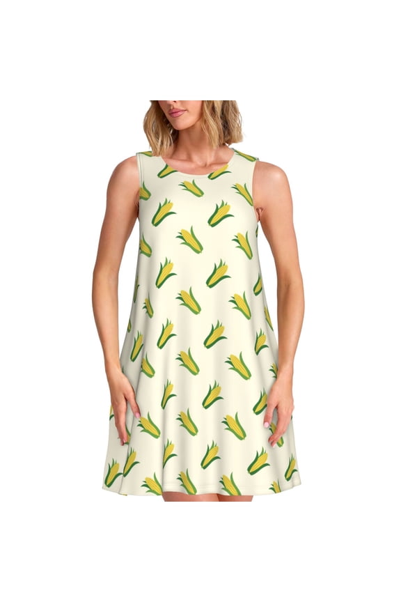 Corn Pattern Women's Sleeveless Dress - Casual Summer Dress with Pockets, Above Knee Length, Round Neck, Ideal for Beach, Vacation, Work