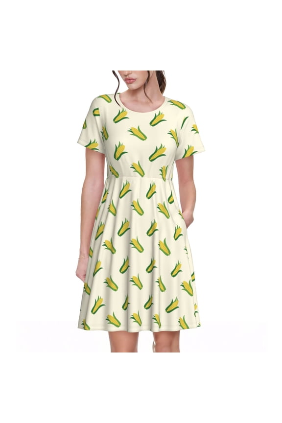 Corn Print Women's Short Sleeve Dress - Casual A-Line Dress with Side Pockets, Elastic Waist, Comfortable and Breathable Summer Dress