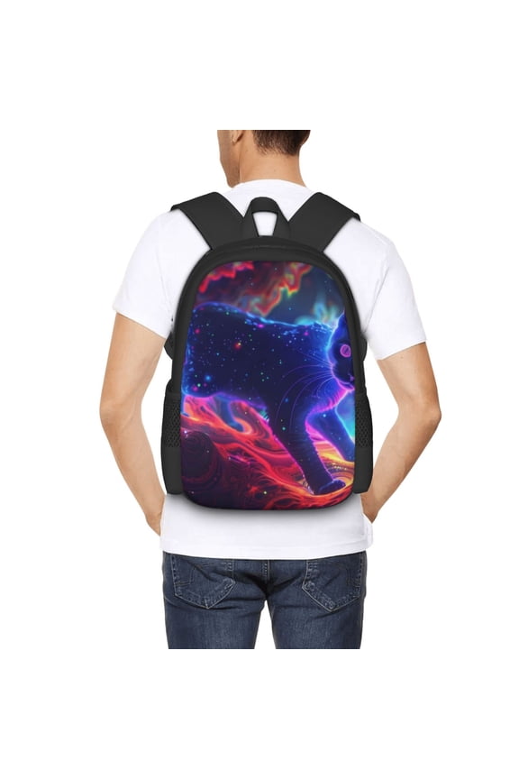 Cosmic Cat Psychedelic Journey Backpack for Men and Women - Durable 600D Oxford Cloth -Large Capacity, Water-Resistant School, Travel, and Hiking Bag