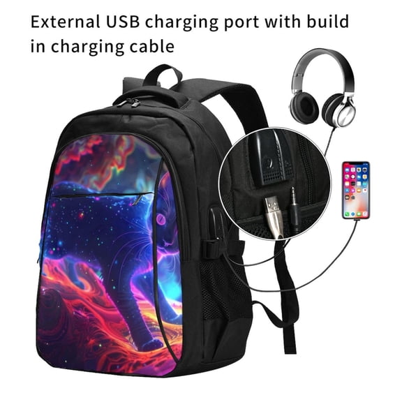 Ratiio Cosmic Cat Psychedelic Journey Print Travel Laptop Backpack,Slim Sturdy Laptops Backpack with USB Charging Port, Water Resistant College School Computer Bag