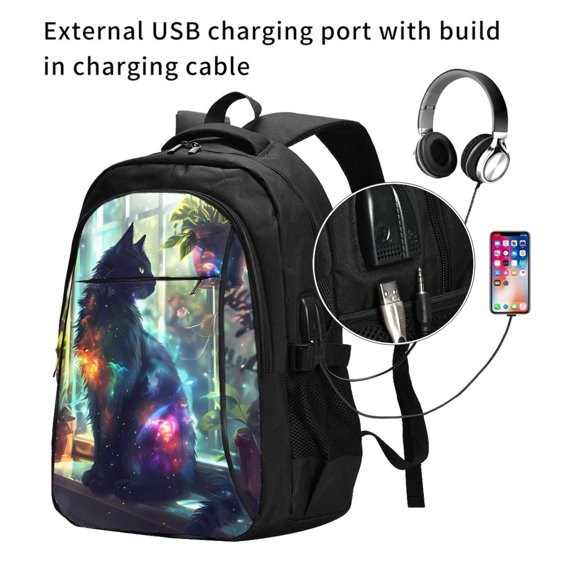 Ratiio Cosmic Cat In Window Print Travel Laptop Backpack,Slim Sturdy Laptops Backpack with USB Charging Port, Water Resistant College School Computer Bag