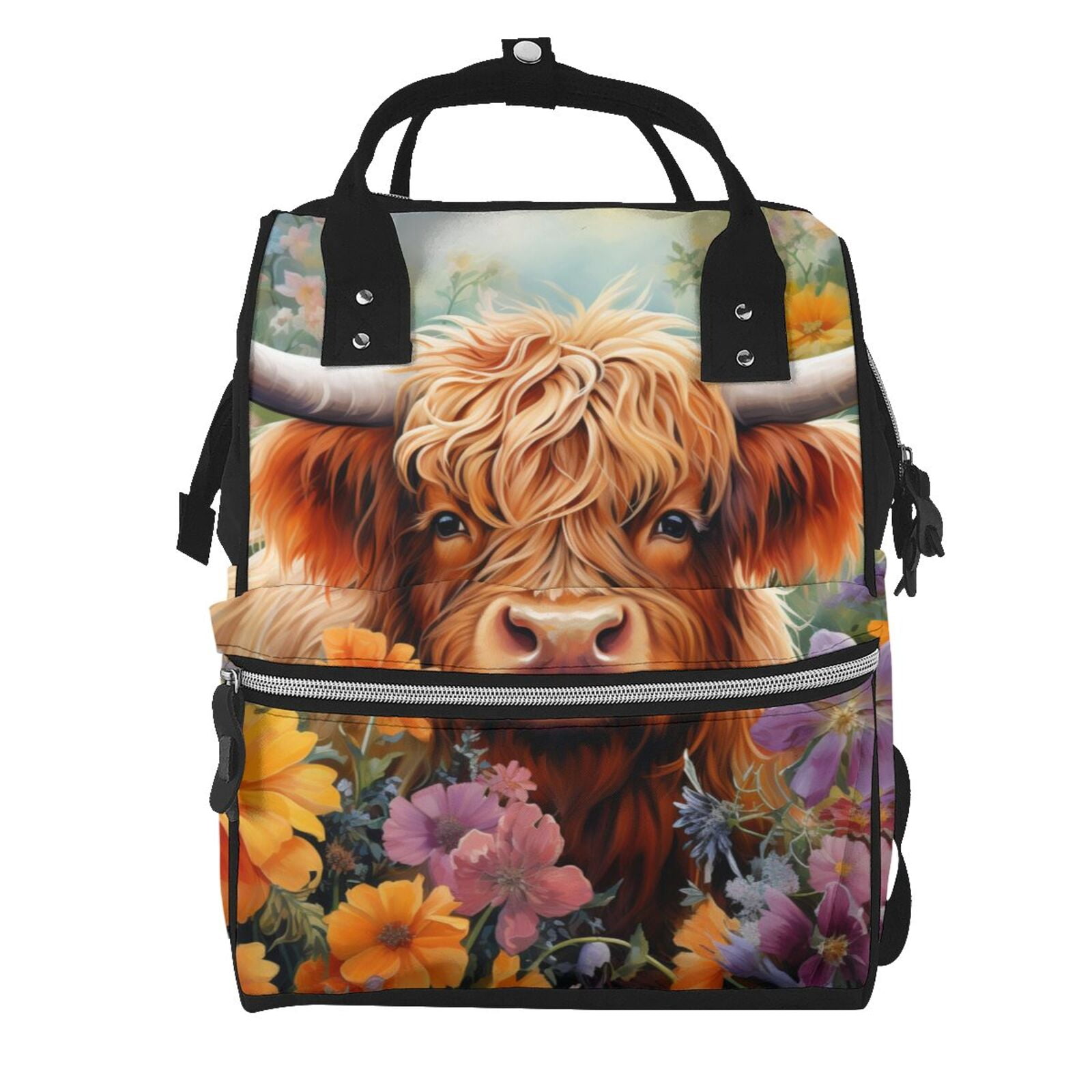 Ratiio Countryside Colorful Floral Cow Mummy Backpack - Waterproof Twill Canvas, Large Capacity Diaper Bag with Multiple Pockets and Adjustable Straps