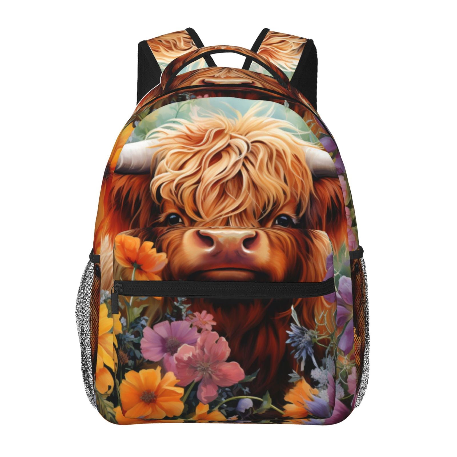 Ratiio Countryside Colorful Floral Cow Print Eco-Friendly Casual Backpack, Water-Resistant Polyester Canvas Daypack with Smooth Zippers, Comfortable & Durable Travel Bag with Laptop Compartment