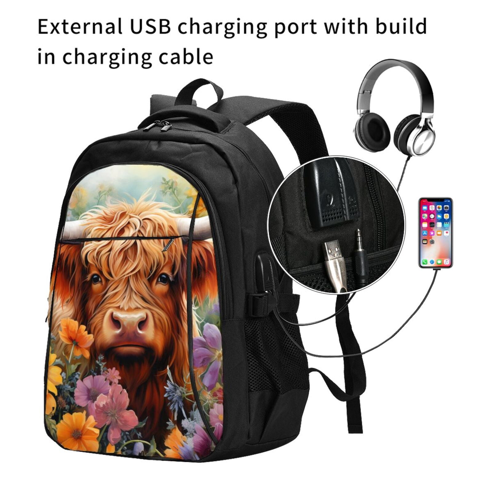 Ratiio Countryside Colorful Floral Cow Print Travel Laptop Backpack,Slim Sturdy Laptops Backpack with USB Charging Port, Water Resistant College School Computer Bag