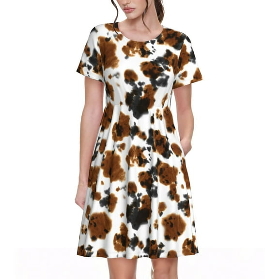Ratiio Cow Tie Dye Print Women's Short Sleeve Dress - Casual A-Line Dress with Side Pockets, Elastic Waist, Comfortable and Breathable Summer Dress