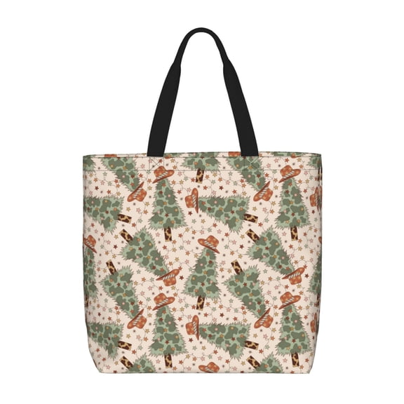 Ratiio Cowboy Christmas Trees Print Reusable Grocery Bag Shopping Bags with Zipper Shoulder Shopping Handle Bag Suitable for Outdoor Convenient Daily Bag