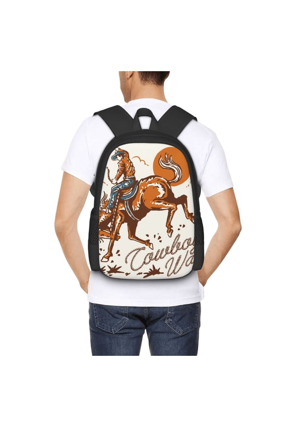 Cowboy Riding Horse Backpack for Men and Women - Durable 600D Oxford Cloth -Large Capacity, Water-Resistant School, Travel, and Hiking Bag