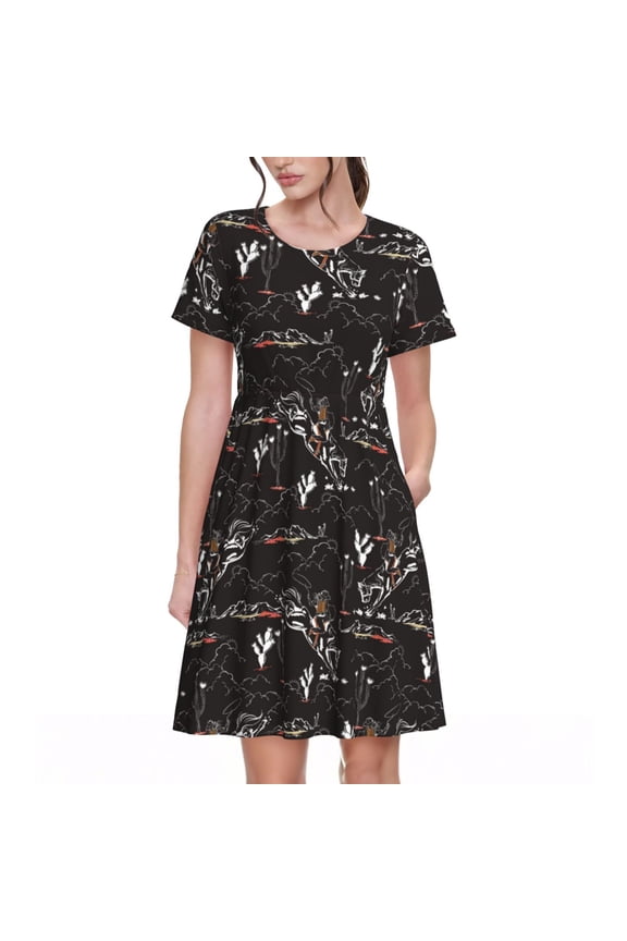 Cowgirl In Desert Print Women's Short Sleeve Dress - Casual A-Line Dress with Side Pockets, Elastic Waist, Comfortable and Breathable Summer Dress