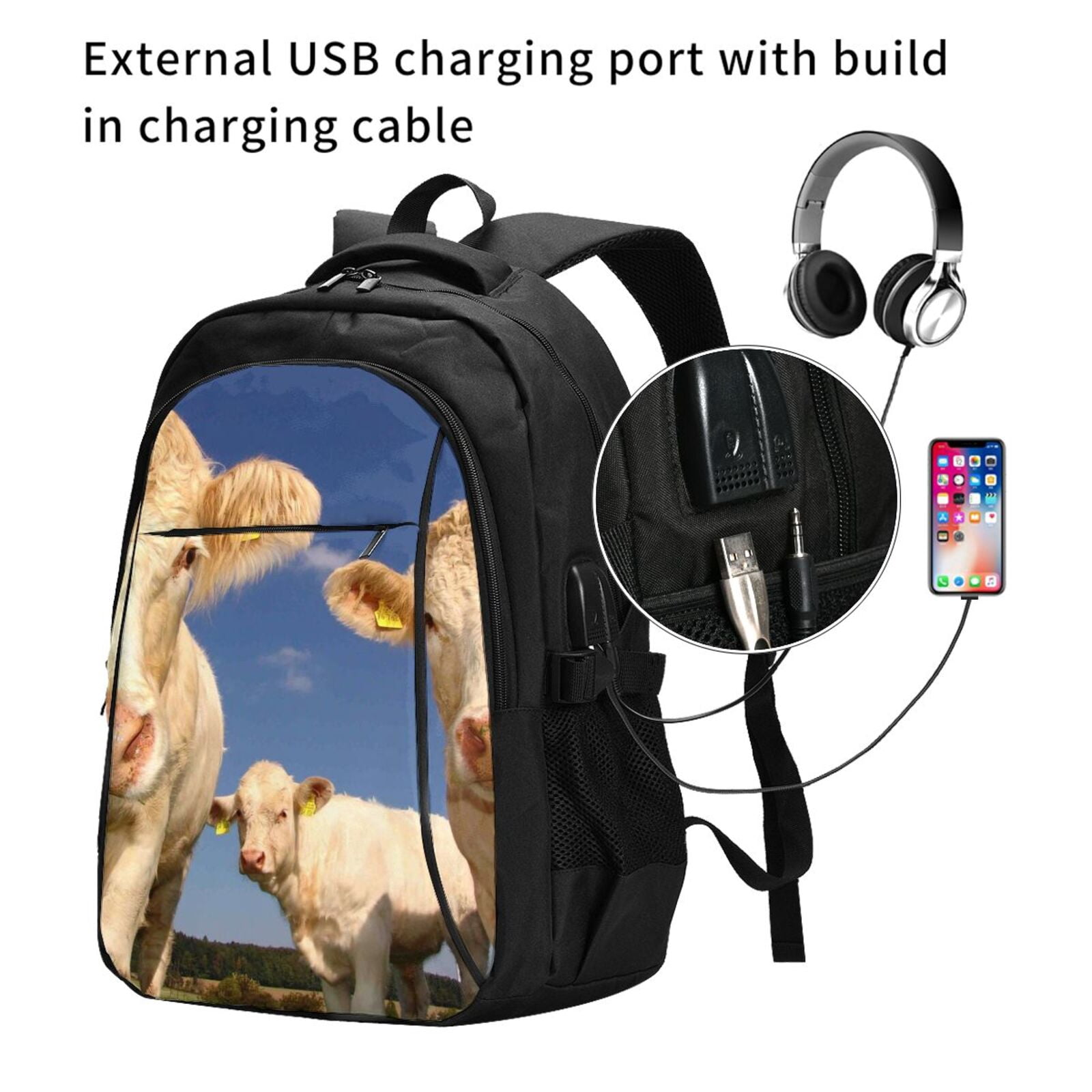 Ratiio Cows Cattles Print Travel Laptop Backpack,Slim Sturdy Laptops Backpack with USB Charging Port, Water Resistant College School Computer Bag