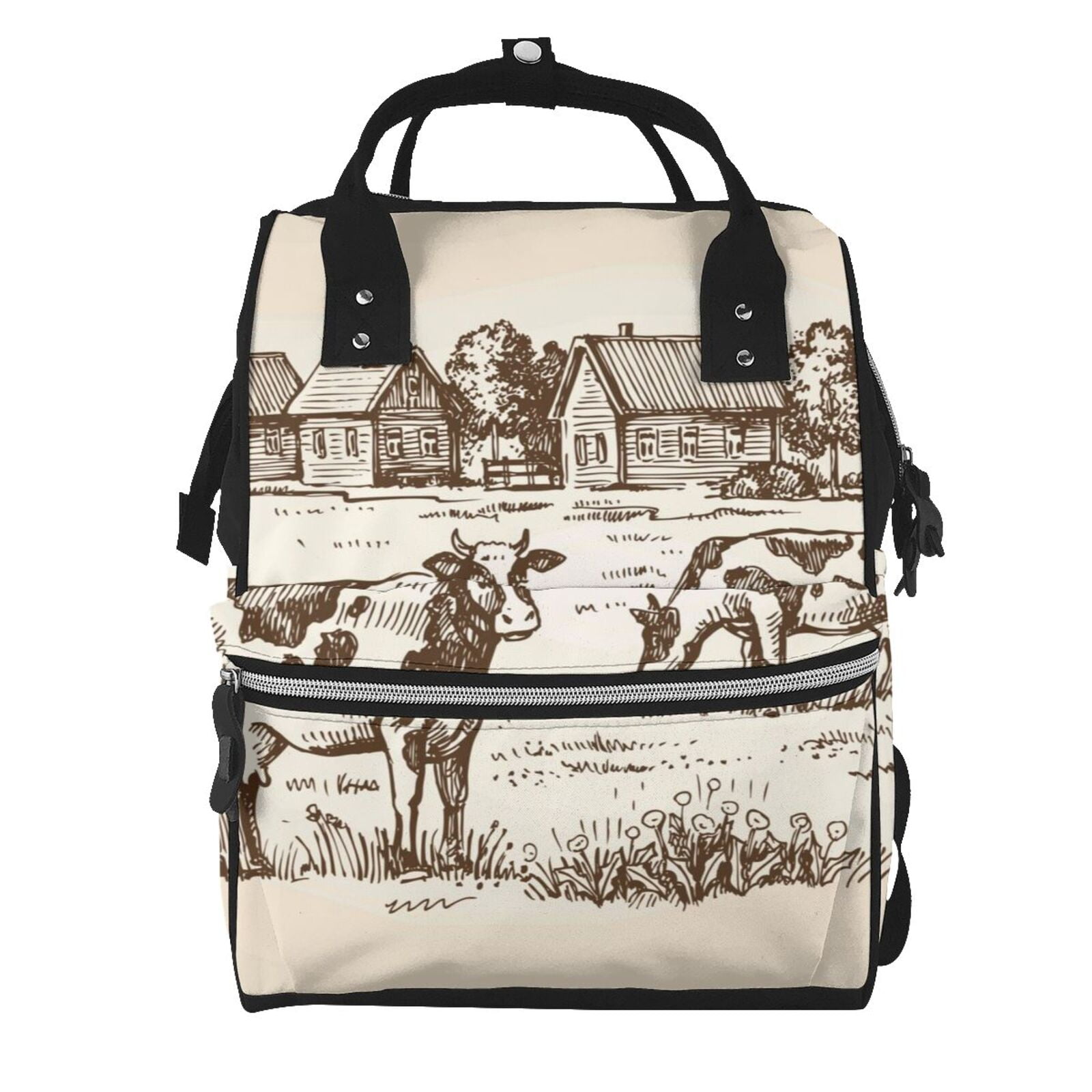 Ratiio Cows On The Farm Mummy Backpack - Waterproof Twill Canvas, Large Capacity Diaper Bag with Multiple Pockets and Adjustable Straps