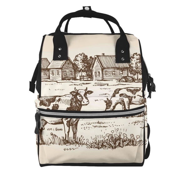 Ratiio Cows On The Farm Mummy Backpack - Waterproof Twill Canvas, Large Capacity Diaper Bag with Multiple Pockets and Adjustable Straps