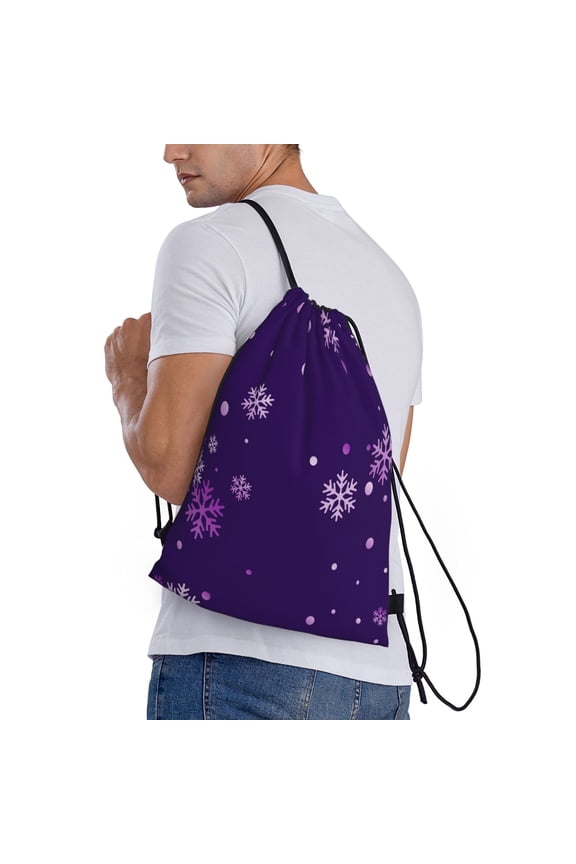 Crystal Purple Snowflake Print Drawstring Backpack Bag Sport Gym Sackpack Heavy Duty String Backpack for Men Women
