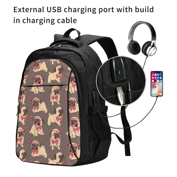 Ratiio Cut Pug Print Travel Laptop Backpack,Slim Sturdy Laptops Backpack with USB Charging Port, Water Resistant College School Computer Bag