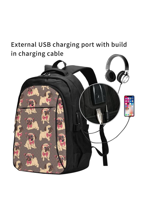 Cut Pug Print Travel Laptop Backpack,Slim Sturdy Laptops Backpack with USB Charging Port, Water Resistant College School Computer Bag