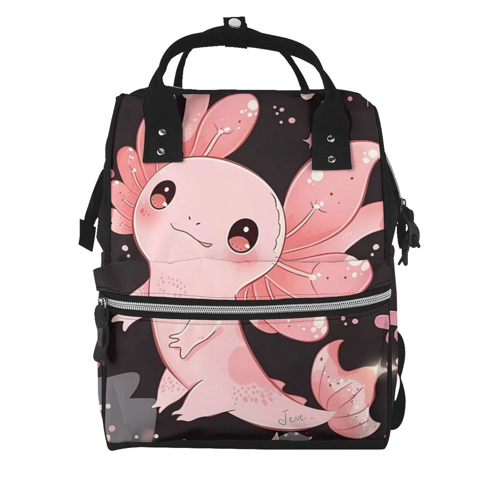 Ratiio Cute Axolotl Sakura Blossoms A Mummy Backpack - Waterproof Twill Canvas, Large Capacity Diaper Bag with Multiple Pockets and Adjustable Straps