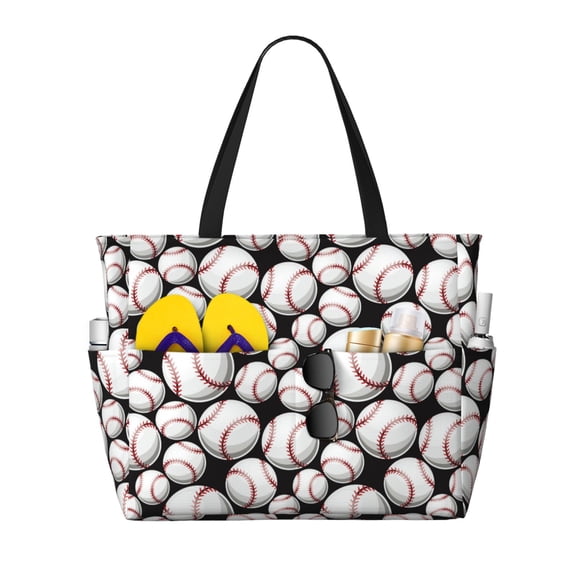 Ratiio Cute Baseball Print Large Capacity Beach Travel Bag, Polyester Waterproof Tote Bag with Zipper for Vacation and Daily Use
