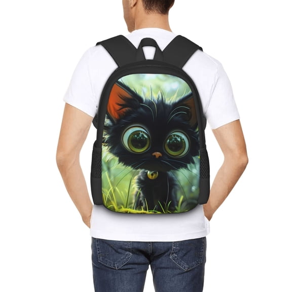Ratiio Cute Big-Eyed Black Cat Backpack for Men and Women - Durable 600D Oxford Cloth -Large Capacity, Water-Resistant School, Travel, and Hiking Bag
