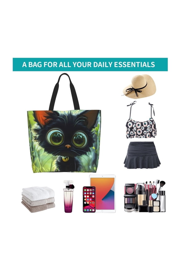 Cute Big-Eyed Black Cat Print Reusable Grocery Bags - Washable, Foldable, Packable Tote, Large Handles, Heavy Duty, Zippered Top Pouch