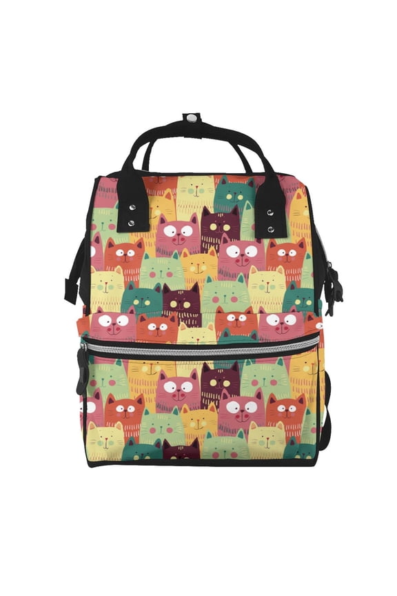 Cute Cartoon Cat Mummy Backpack - Waterproof Twill Canvas, Large Capacity Diaper Bag with Multiple Pockets and Adjustable Straps