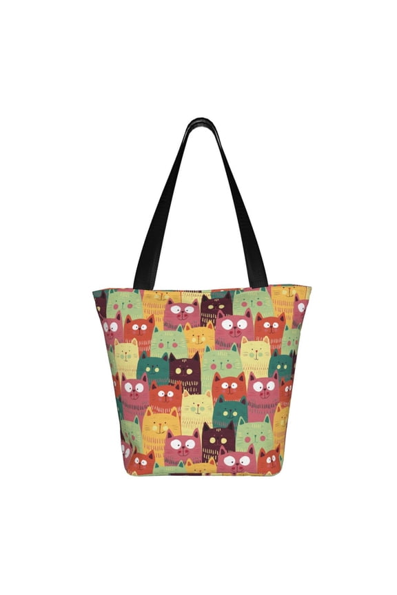 Cute Cartoon Cat Print Shoulder Bag for Women, Polyester Crossbody Purse Lightweight Handbag for Daily Travel and Casual Use