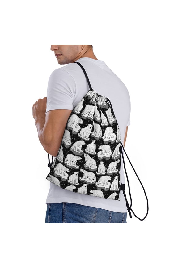 Cute Cartoon Polar Bear Print Drawstring Backpack Bag Sport Gym Sackpack Heavy Duty String Backpack for Men Women