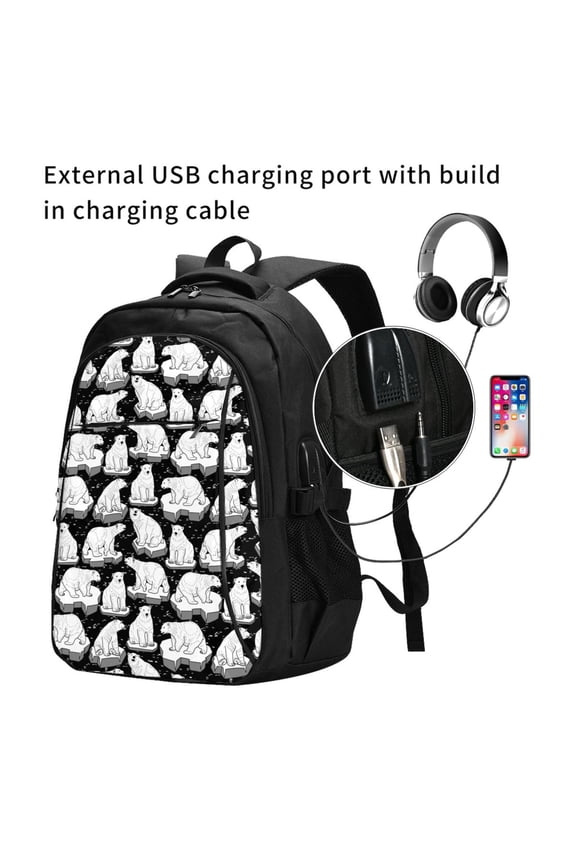 Cute Cartoon Polar Bear Print Travel Laptop Backpack,Slim Sturdy Laptops Backpack with USB Charging Port, Water Resistant College School Computer Bag