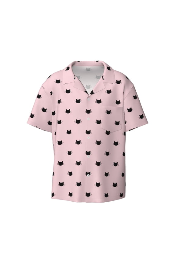 Cute Cat Print Mens Casual Short Sleeve Shirts Button Down Textured Shirts Summer Beach Shirt with Pocket Men's Casual Short-sleeved Shirt