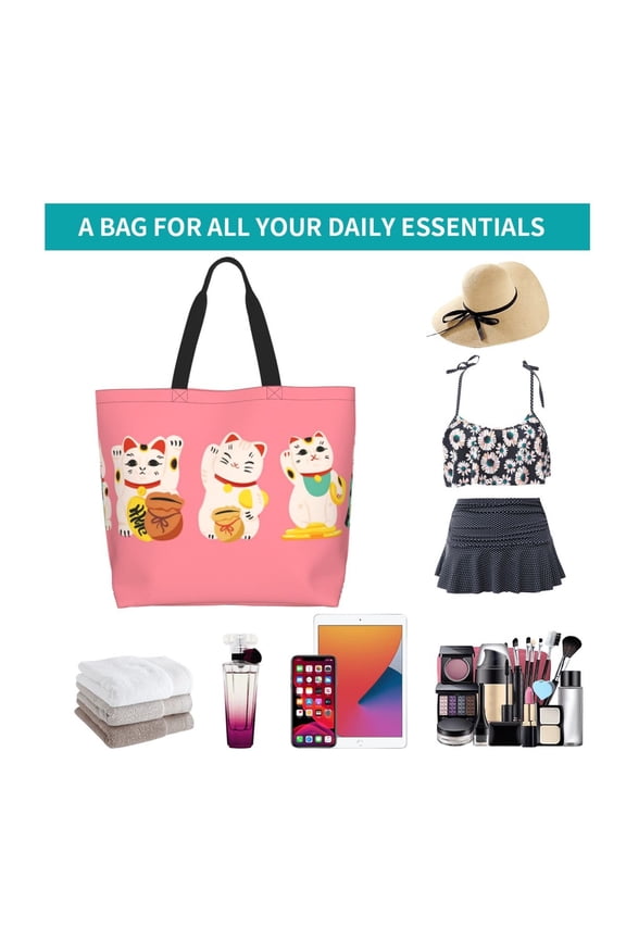Cute Cat Print Reusable Grocery Bags - Washable, Foldable, Packable Tote, Large Handles, Heavy Duty, Zippered Top Pouch
