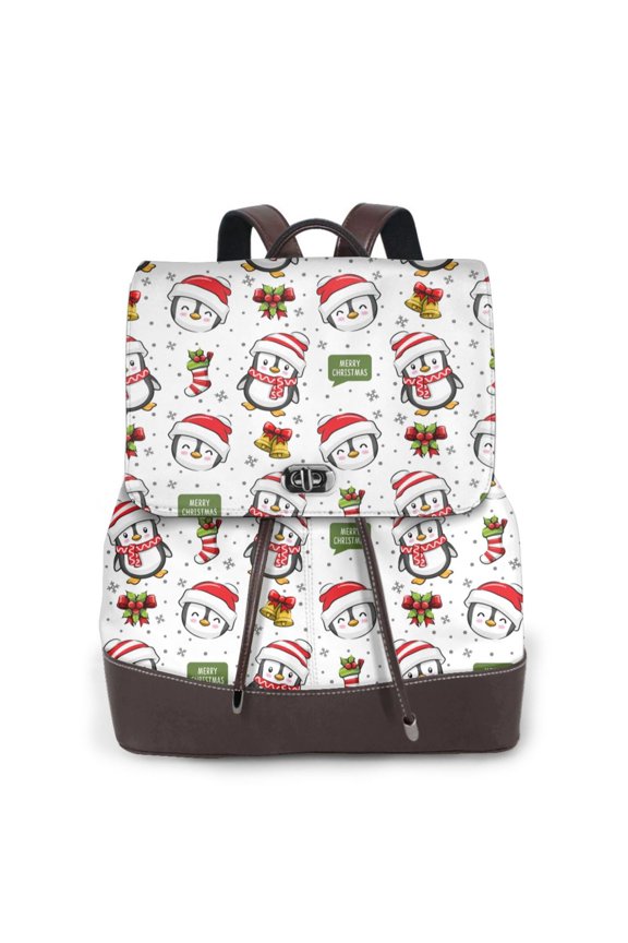 Cute Christmas Hat Penguin A Pattern Womens Backpack Purse Leather Backpack Purse for Women Travel Fashion Backpack Designer Ladies Shoulder Bags