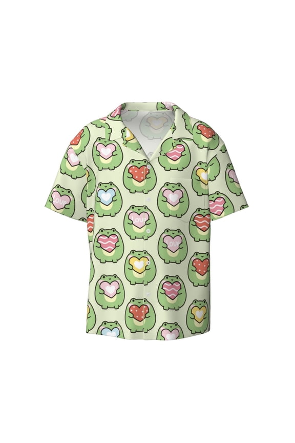 Cute Chubby Frog Print Mens Casual Short Sleeve Shirts Button Down Textured Shirts Summer Beach Shirt with Pocket Men's Casual Short-sleeved Shirt