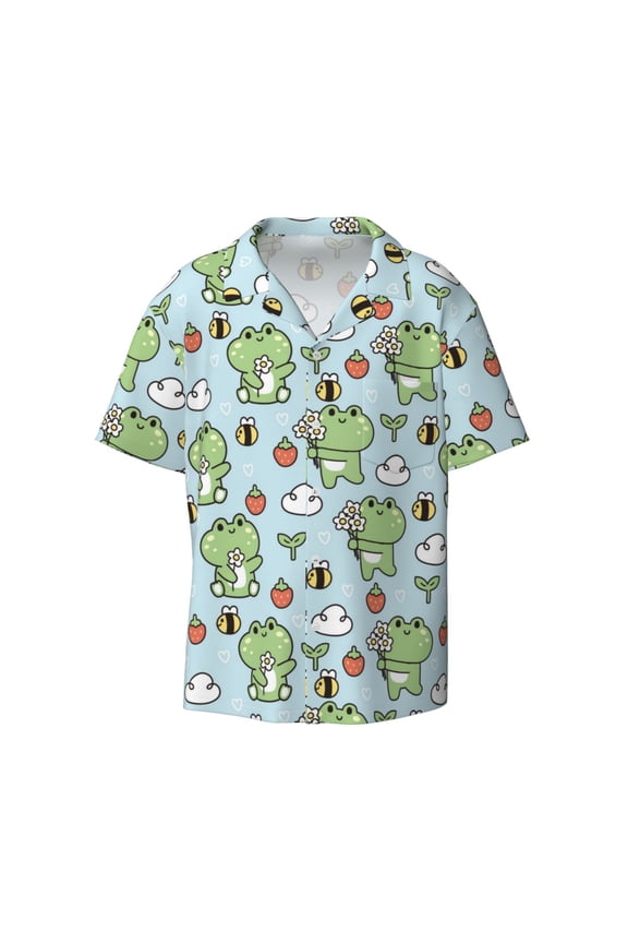 Cute Floral Frog Print Mens Casual Short Sleeve Shirts Button Down Textured Shirts Summer Beach Shirt with Pocket Men's Casual Short-sleeved Shirt
