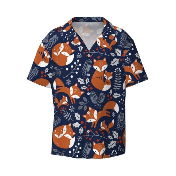 Ratiio Cute Foxes Print Mens Casual Short Sleeve Shirts Button Down Textured Shirts Summer Beach Shirt with Pocket Men's Casual Short-sleeved Shirt
