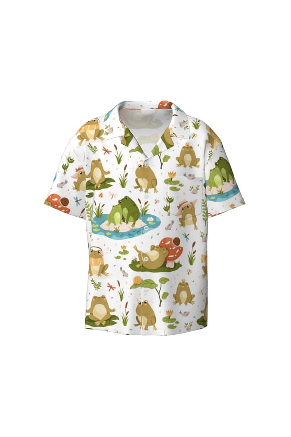Cute Frog Print Mens Casual Short Sleeve Shirts Button Down Textured Shirts Summer Beach Shirt with Pocket Men's Casual Short-sleeved Shirt