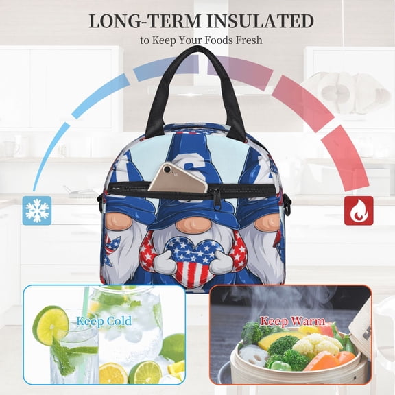 Ratiio Cute Gnomes in USA Pattern Lunch Bag ,Insulated Lunch Box, Small Leakproof Cooler Food Lunch Containers Reusable High Capacity Lunch Tote Bags