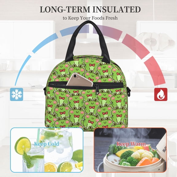 Ratiio Cute Green Frog Pattern Lunch Bag ,Insulated Lunch Box, Small Leakproof Cooler Food Lunch Containers Reusable High Capacity Lunch Tote Bags