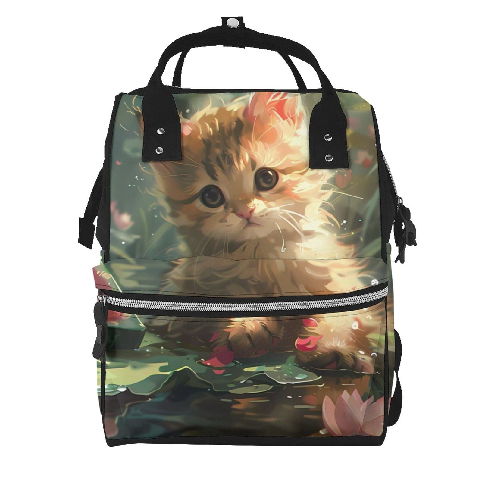 Ratiio Cute Kitten Water Lilies Mummy Backpack - Waterproof Twill Canvas, Large Capacity Diaper Bag with Multiple Pockets and Adjustable Straps