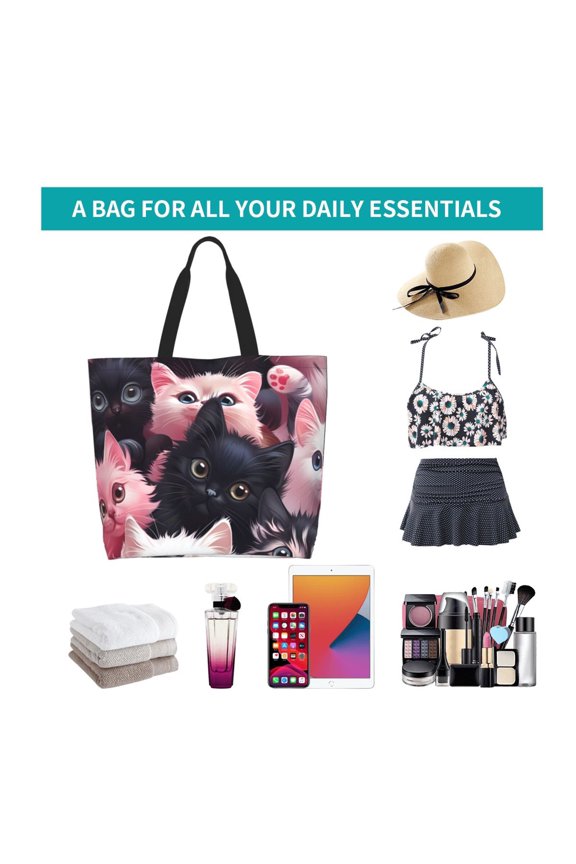 Cute Kittens Group Portrait Print Reusable Grocery Bags - Washable, Foldable, Packable Tote, Large Handles, Heavy Duty, Zippered Top Pouch