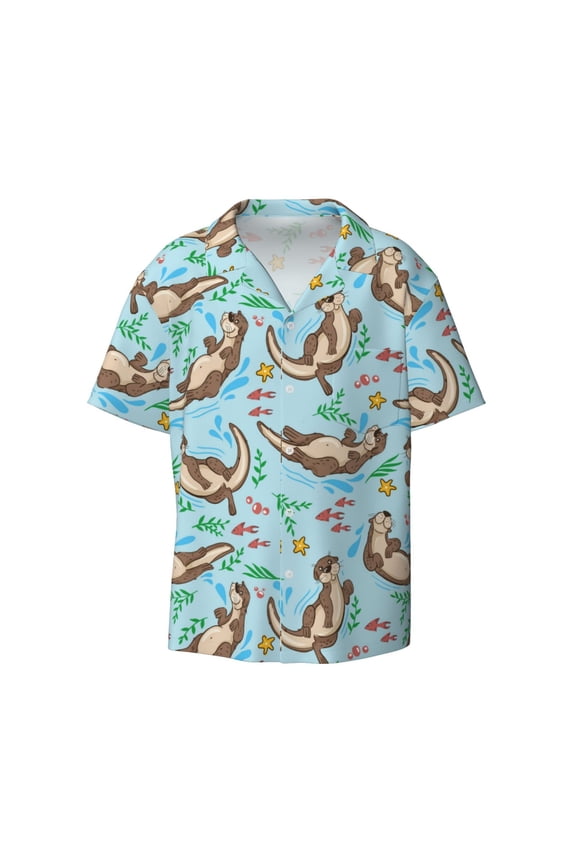 Cute Otters Print Mens Casual Short Sleeve Shirts Button Down Textured Shirts Summer Beach Shirt with Pocket Men's Casual Short-sleeved Shirt