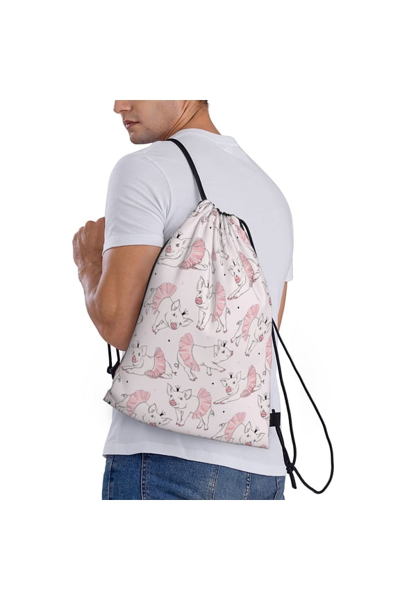 Cute Piggy Ballerina Print Drawstring Backpack Bag Sport Gym Sackpack Heavy Duty String Backpack for Men Women