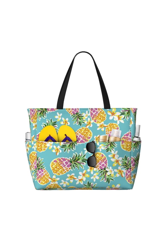 Cute Pineapples Print Large Capacity Beach Travel Bag, Polyester Waterproof Tote Bag with Zipper for Vacation and Daily Use