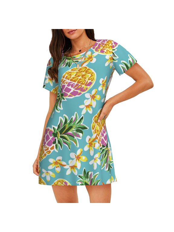 Cute Pineapples Print Women's Short-sleeved Nightdress - Casual A-line Sleeveless Sleepwear Dress for Summer, Comfortable and Breathable