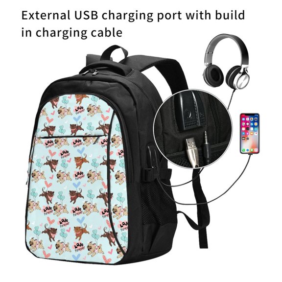 Ratiio Cute Pug Dogs Print Travel Laptop Backpack,Slim Sturdy Laptops Backpack with USB Charging Port, Water Resistant College School Computer Bag